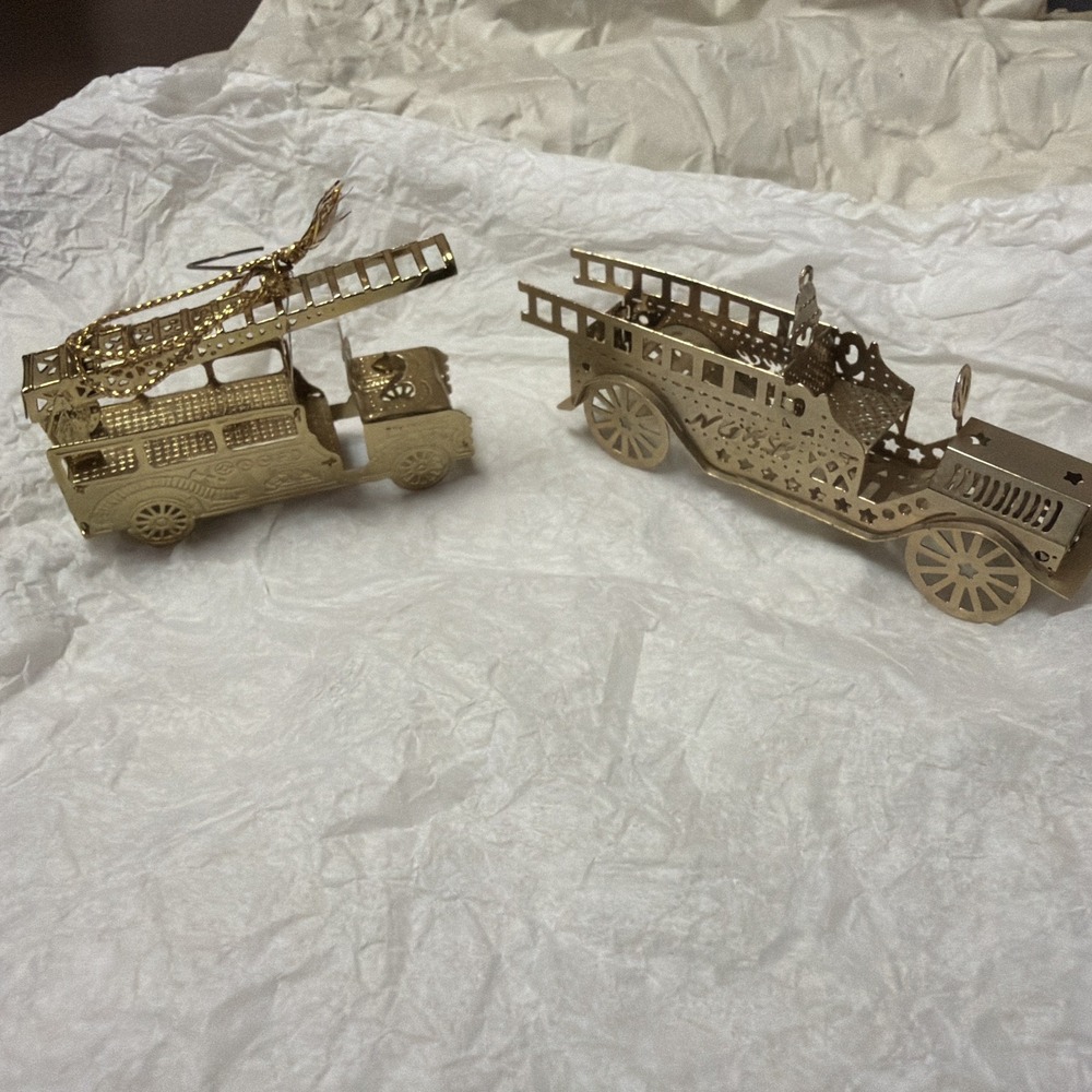 Gorham Gold Vintage Firetruck Christmas Ornament Noel Set of 2 Metal 2000